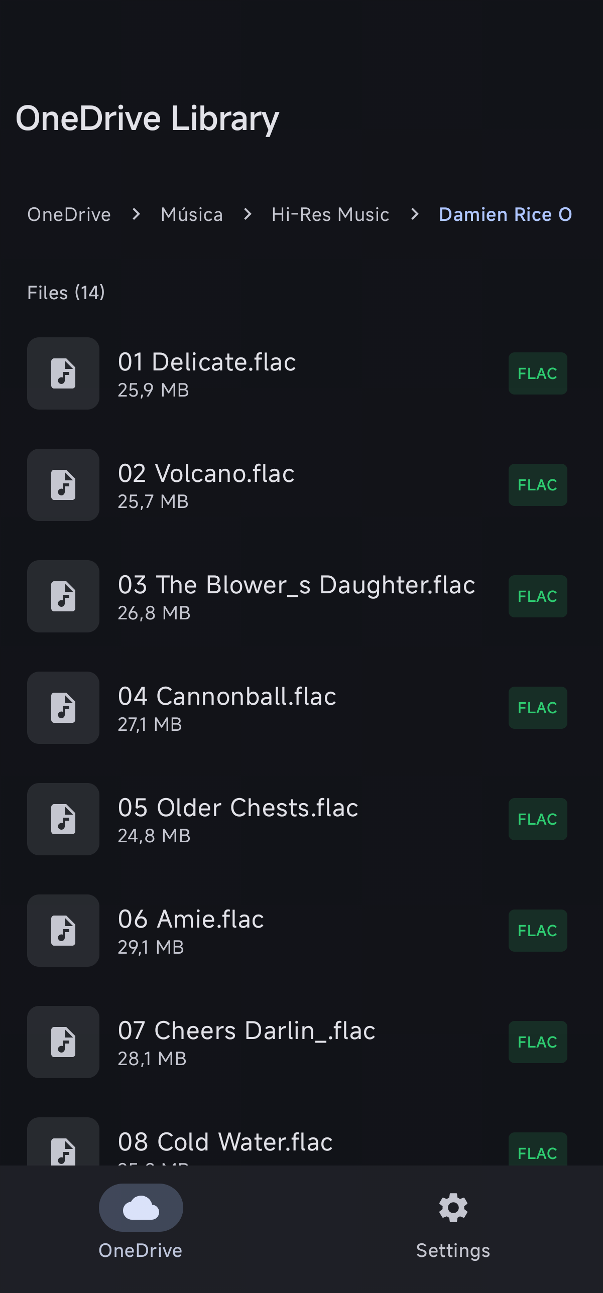 Biblioteca OneDrive com lista de ficheiros FLAC